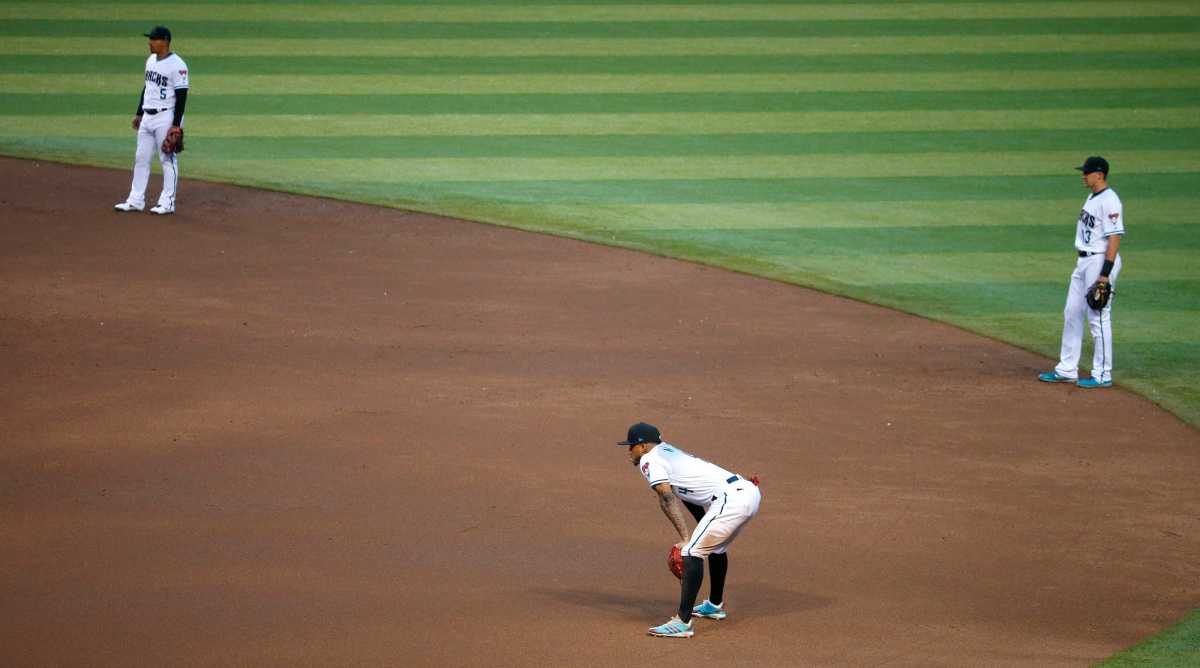 Arizona Diamondbacks infielders employ the infield shift